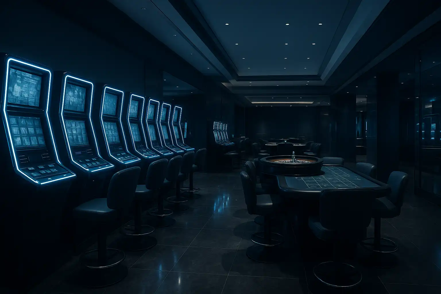 Wnętrze kasyna The Originals z automatami i stołem do ruletki
